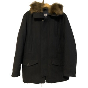 Gap Mens Coat Extra-Large Black Heavy Wool Blend Faux Fur Collar Hooded Jacket